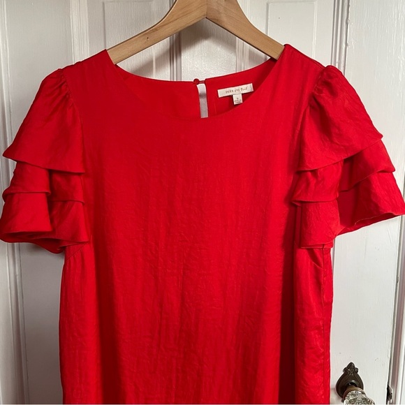 Skies are Blue Red Dress Sheath Mini Flutter Sleeve Small Tomato Red Crinkle - Picture 2 of 9